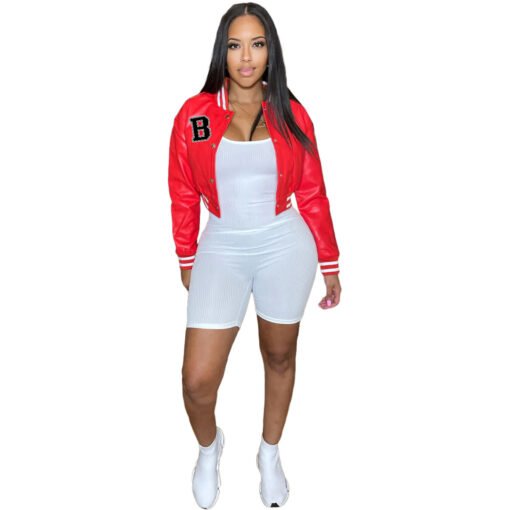 Frauen Farbe passende Faden Leder Baseball Uniform Mantel Top – Bild 9