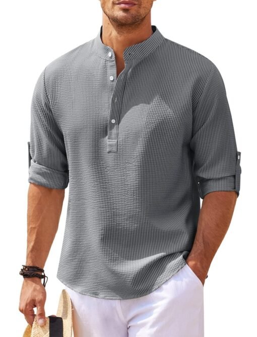 Men's Casual Shirt  Long Sleeve Stand Collar Solid Color Shirt Mens Clothing – Bild 7