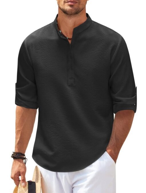 Men's Casual Shirt  Long Sleeve Stand Collar Solid Color Shirt Mens Clothing – Bild 6