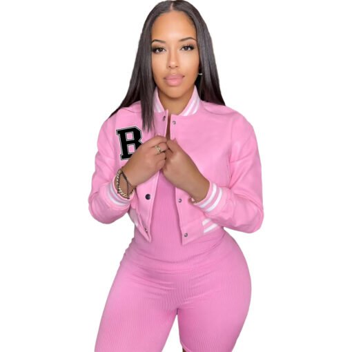 Frauen Farbe passende Faden Leder Baseball Uniform Mantel Top – Bild 5