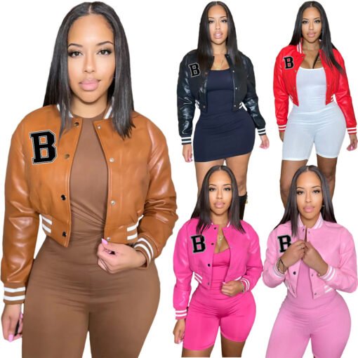 Frauen Farbe passende Faden Leder Baseball Uniform Mantel Top – Bild 7