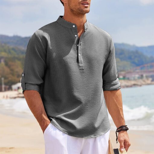Men's Casual Shirt  Long Sleeve Stand Collar Solid Color Shirt Mens Clothing – Bild 2