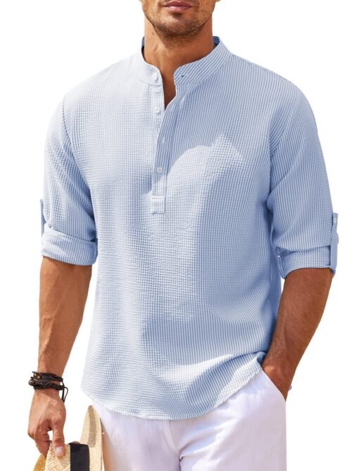 Men's Casual Shirt  Long Sleeve Stand Collar Solid Color Shirt Mens Clothing – Bild 5