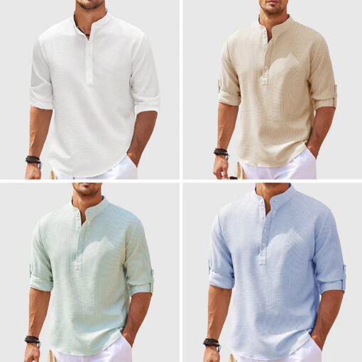 Men's Casual Shirt  Long Sleeve Stand Collar Solid Color Shirt Mens Clothing – Bild 4