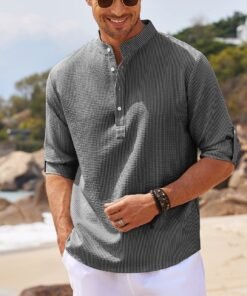 Men's Casual Shirt  Long Sleeve Stand Collar Solid Color Shirt Mens Clothing